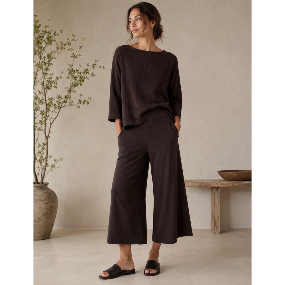 Eileen Fisher Chocolate Brown Wide Leg Crop Palazzo Pants Large Old Money